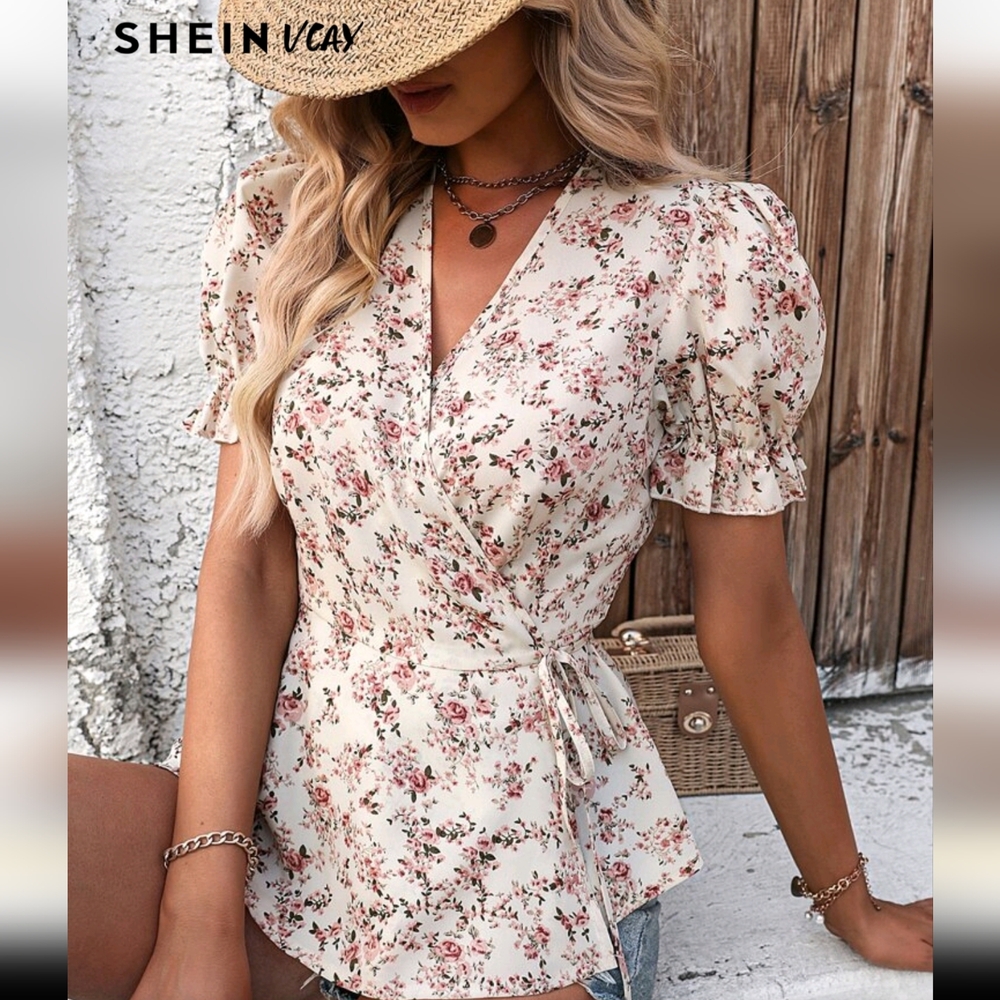 Nwt Floral Wrap Blouse Top - Cream Pink Roses Puffy Sleeves V Neck Spring Ready!